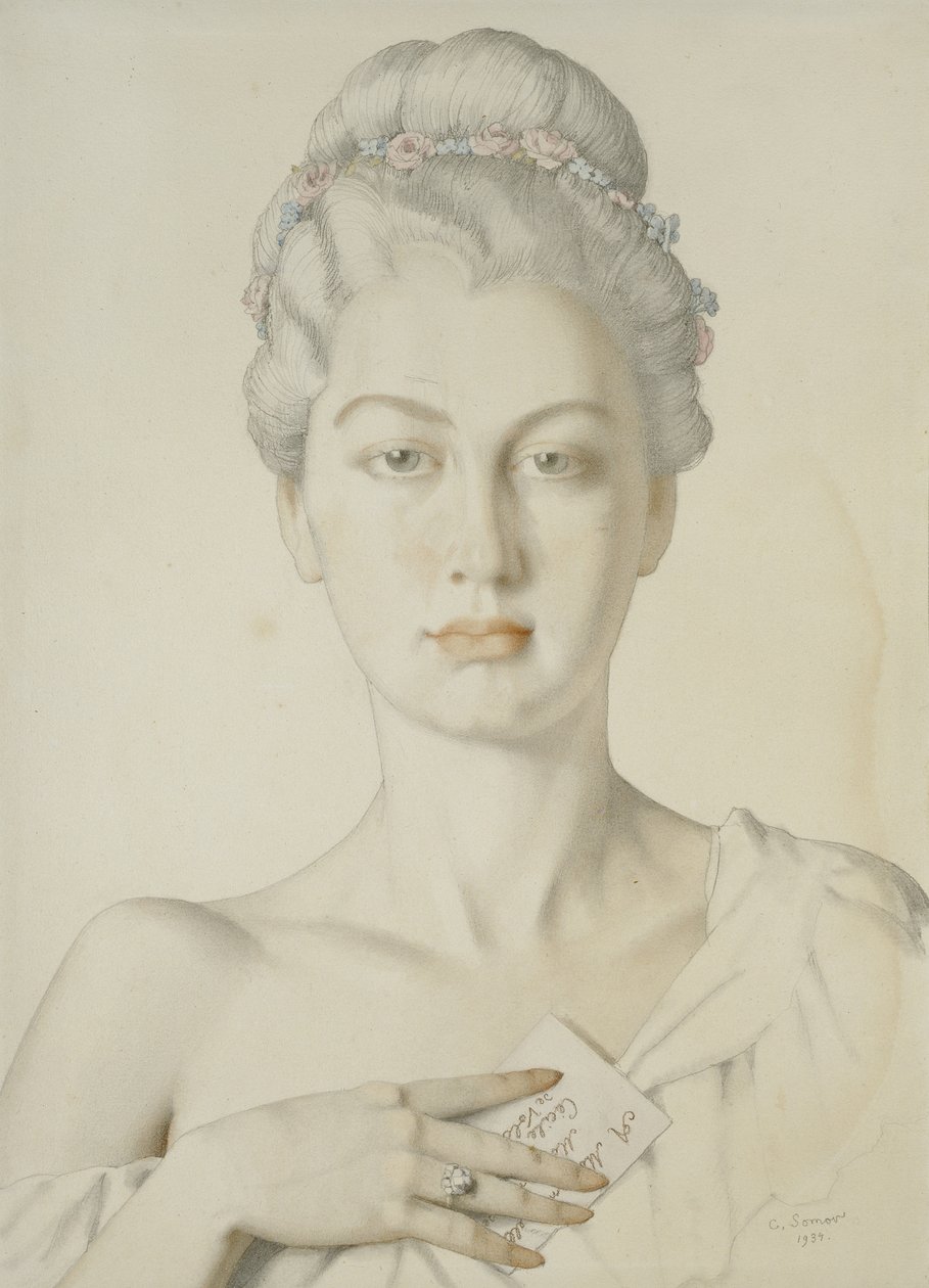 Imaginární portrét Cécile de Volanges v Choderlose de Laclose je ‚Dangereuses‘, 1934 (grafitu a červené křídy a akvarelů s pahýlem a stopy vymezené hranice v grafitu na Crea od Konstantin Andreevic Somov