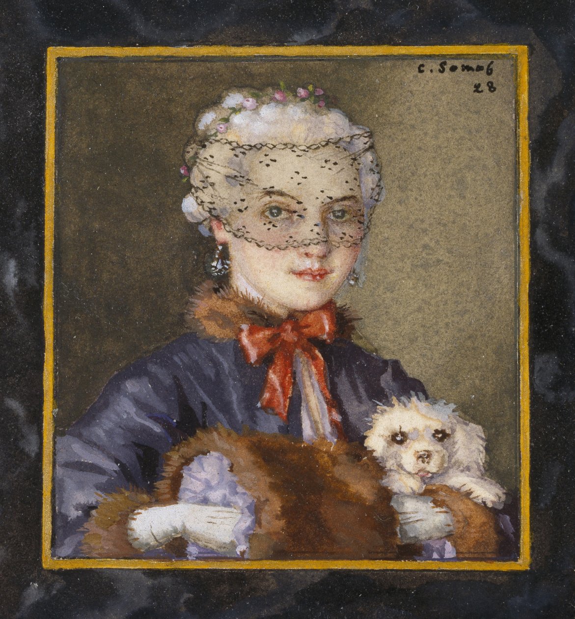Dáma se psem, 1928 (barva těla uvnitř ohraničeného okraje černým inkoustem kolem fiktivního rámečku na bílém papíře) od Konstantin Andreevic Somov