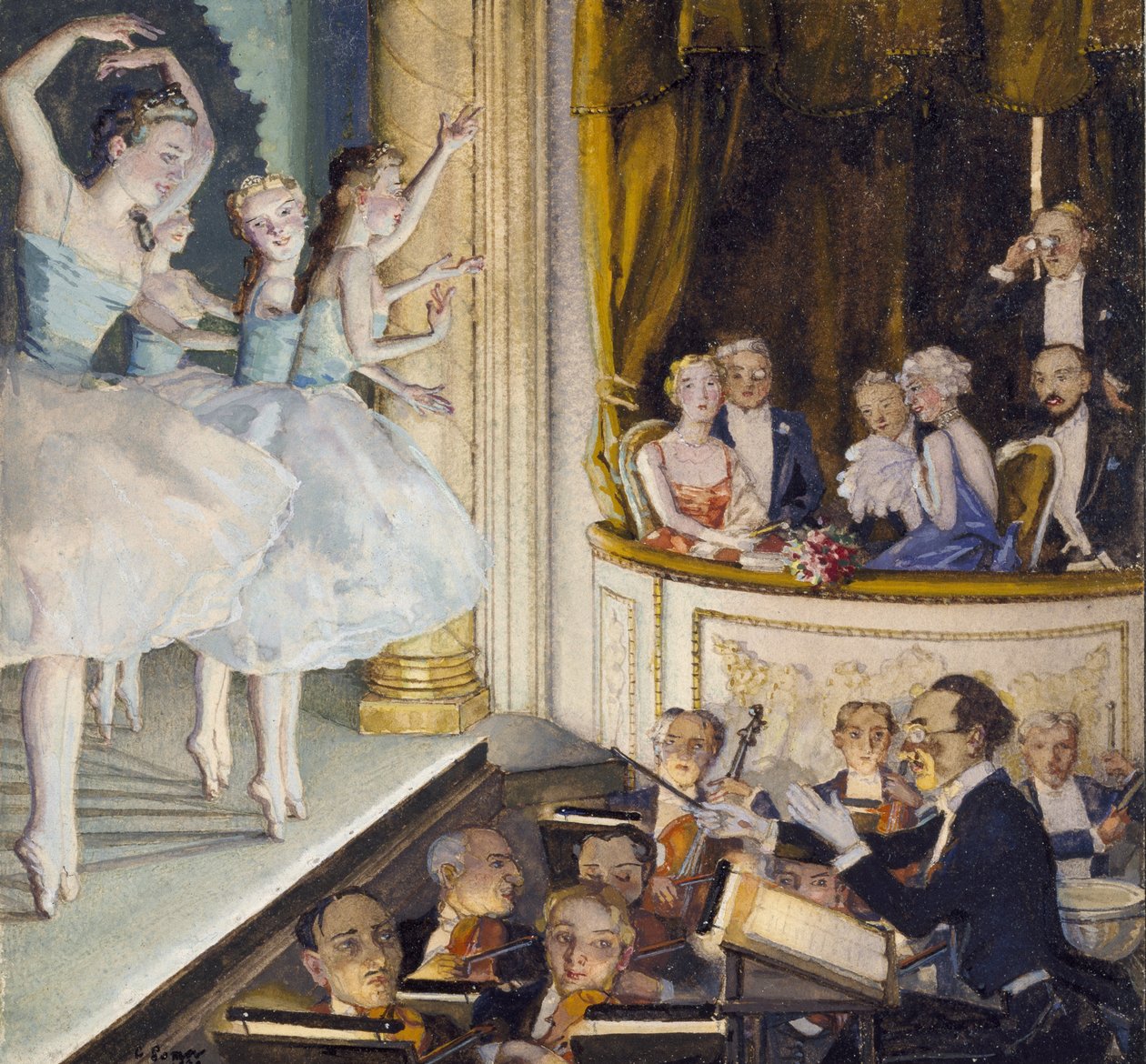 Ruský balet, 1930 (barva těla uvnitř ohraničeného okraje černým inkoustem na krémovém papíře) od Konstantin Andreevic Somov