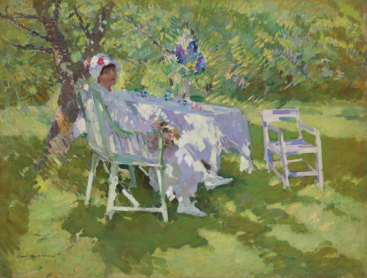 Dáma v bílém sedí v zahradě od Konstantin Alekseevich Korovin