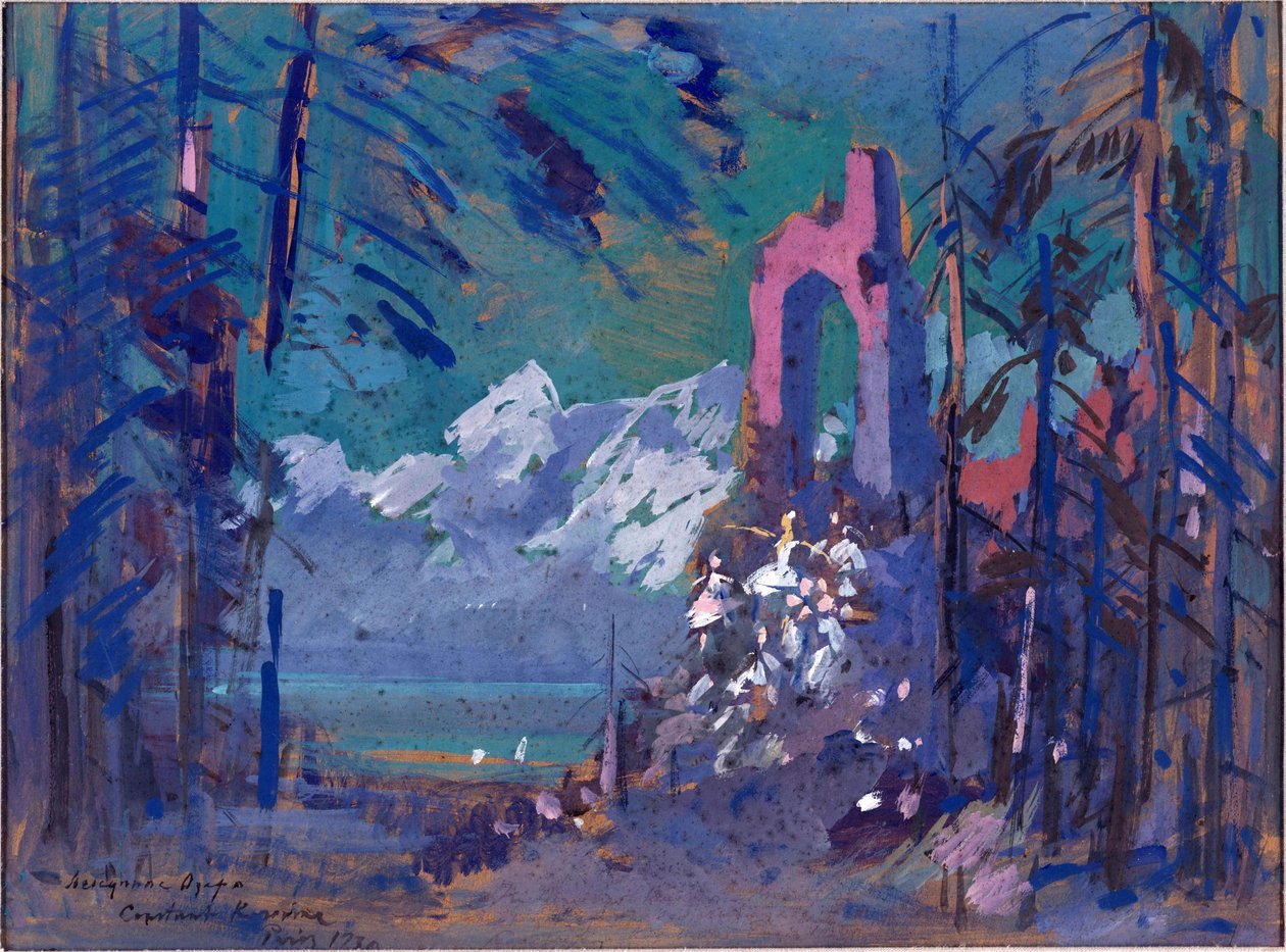Přípravná výzdoba pro balet ""Labutí jezero"" od Piotra Čajkovského (1840-1893). Dílo Konstantina Alexejeviče Korovina (Constantin Korovin) (1861-1939), akvarel na kartonu od Konstantin Alekseevich Korovin