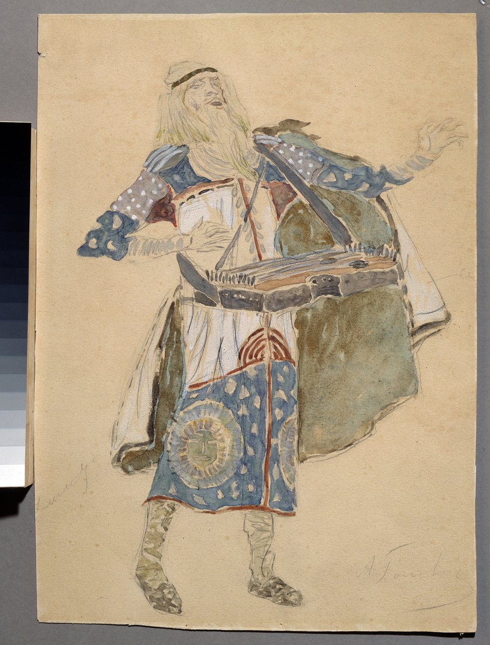 Návrhy kostýmů k opeře "Ruslan a Ludmila" Michaila Igora Glinky (1804-1857) (Návrh kostýmů pro operu Ruslan a Ludmila M. Glinky). Kostým hudebníka. Dílo Konstantina Alexejeviče Korovina (Constantin Korovin) (1861-1939), akv. od Konstantin Alekseevich Korovin