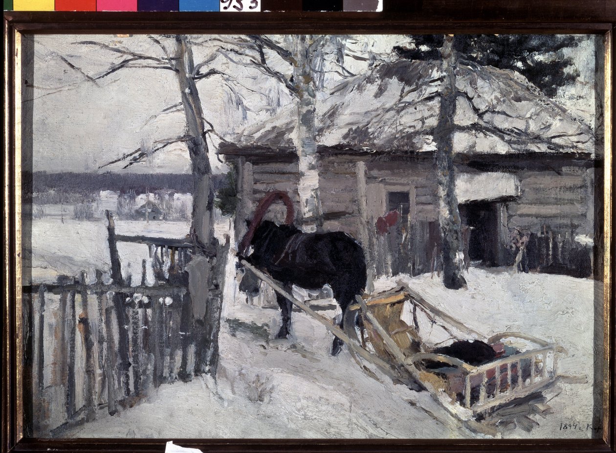 Zima (zima). Koňský povoz na dvoře dřevěného domu, na venkově, pod sněhem. Obraz Konstantina Alexejeviče Korovina (Constantin Korovin) (1861-1939), olej na plátně od Konstantin Alekseevich Korovin