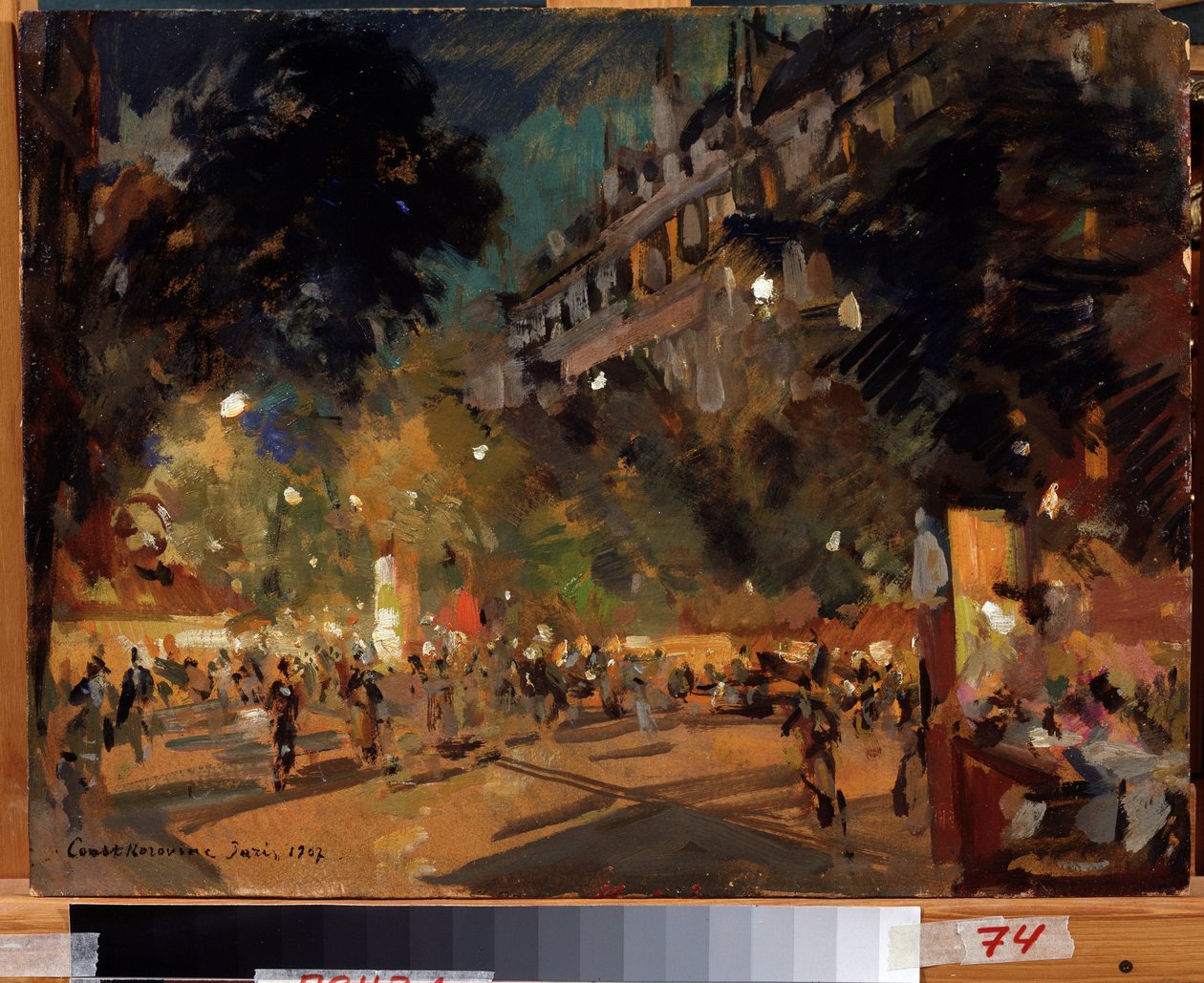 Paříž, Francie (Paříž). Popis Boulevard Montmartre a jeho animace za letního večera. Obraz Konstantina Alexejeviče Korovina (Constantin Korovin) (1861-1939), olej na plátně od Konstantin Alekseevich Korovin