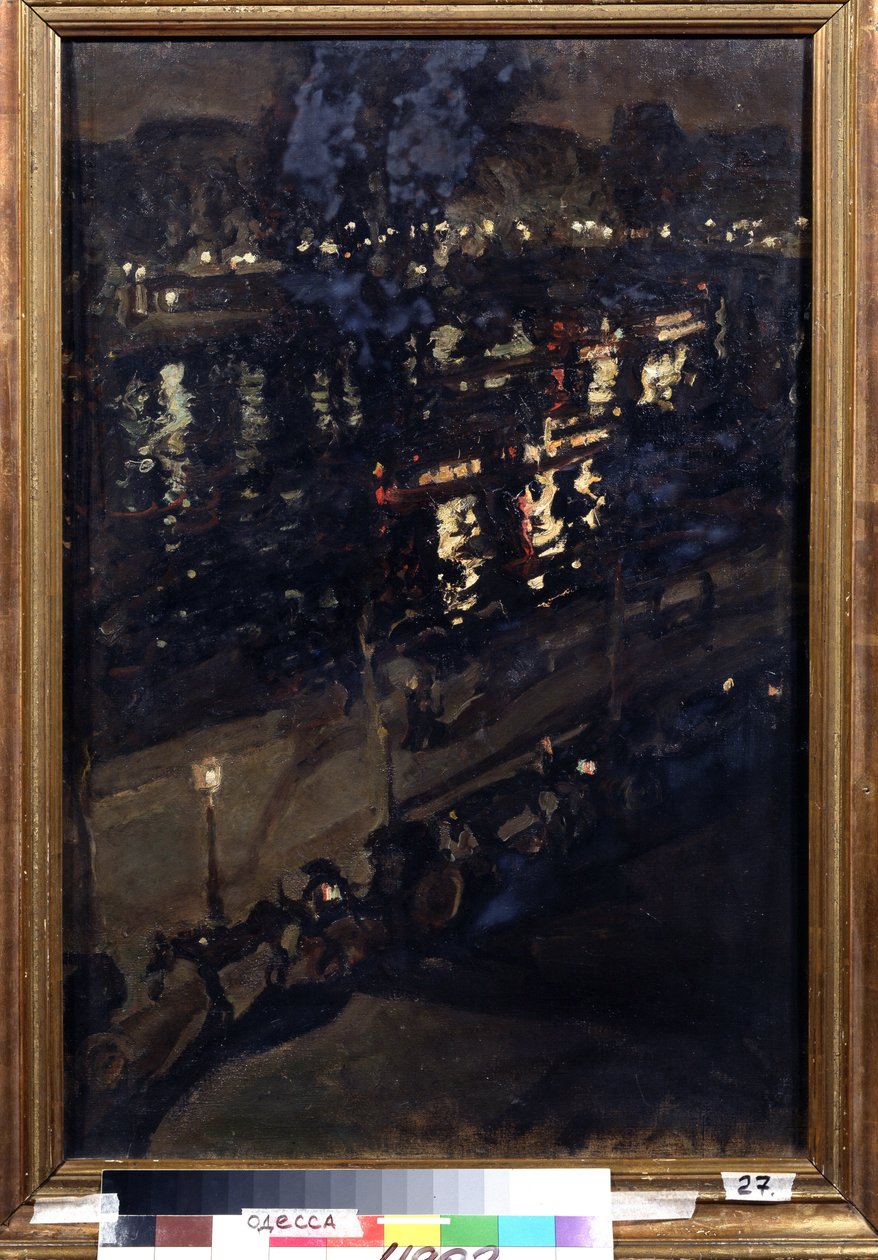 Paříž v noci (Paris at Night). Pohled na nábřeží Seiny s koňským povozem a světla města odrážející se na hladině vody. Obraz Konstantina Alexejeviče Korovina (Constantin Korovin) (1861-1939), olej na plátně, ruské umění od Konstantin Alekseevich Korovin