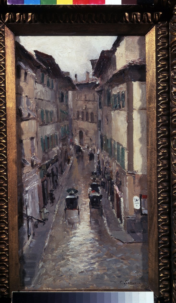 Déšť ve Florencii (Déšť ve Florencii). Popis ulice ve středověkém centru města Toskánsko (Itálie). Obraz Konstantina Alexejeviče Korovina (Constantin Korovin) (1861-1939), olej na plátně od Konstantin Alekseevich Korovin