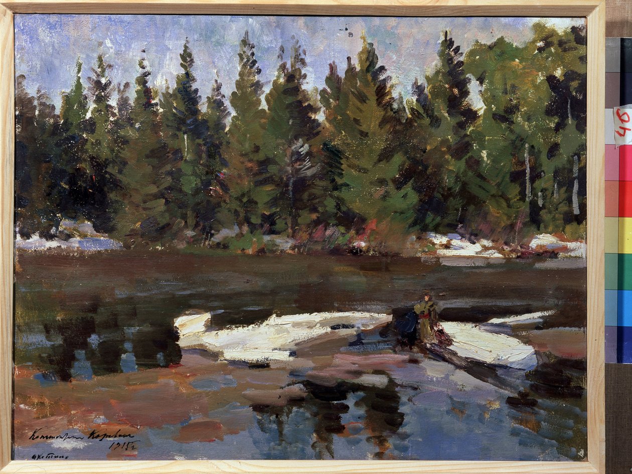 Jaro (jaro). Krajina, břehy řeky v lese. Obraz Konstantina Alexejeviče Korovina (Constantin Korovin) (1861-1939), olej na plátně od Konstantin Alekseevich Korovin