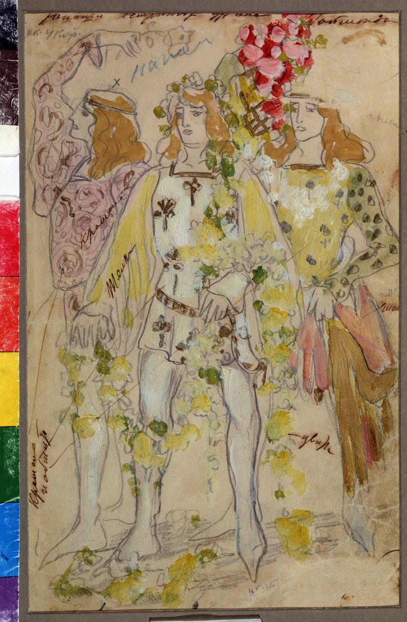 Návrhy kostýmů pro balet Raimonda Alexandre (Alexander) Glazunov (Glazounov nebo Glazunoff nebo Glazunow) (1865-1936) (Návrh kostýmů pro balet Raimonda A. Glazunova). Mužské kostýmy. Umělecké dílo Konstantina Alexejeviče Korovina (Constantin K od Konstantin Alekseevich Korovin