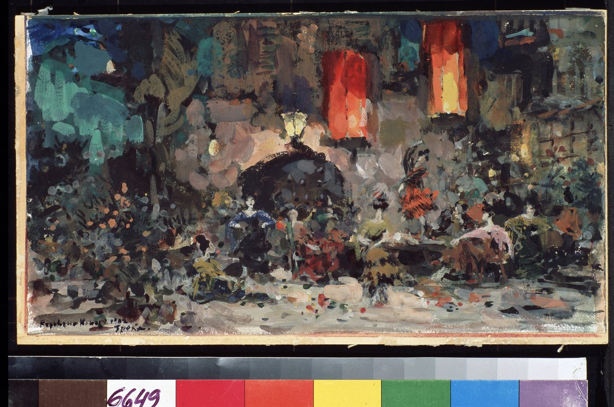 Scénografie k baletu Don Quijote od Leona (nebo Ludwiga) Minkuse (1826-1917) (scéna k baletu Don Quijote od L. Minkuse). Dílo Konstantina Alexejeviče Korovina (Constantin Korovin) (1861-1939), akvarel a kvaš na kartonu od Konstantin Alekseevich Korovin