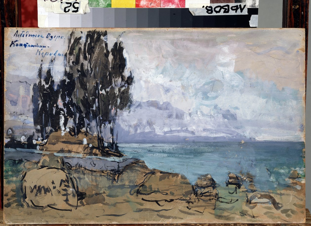 Scénografie k baletu Labutí jezero Piotra Iliče Čajkovského (1840-1893) (scéna k baletu Labutí jezero P. Čajkovského). Krajina, břeh jezera se shlukem stromů. Umělecké dílo Konstantina Alexejeviče Korovina (Constantin Koro od Konstantin Alekseevich Korovin