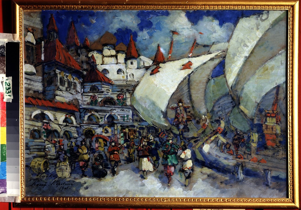 Scénický návrh pro Operu Sadko od Nicolase (Nikolaje) Rimského Korsakova (Rimskij-Korsakov) (1844-1908) (Scéna pro Operu Sadko od N. Rimského Korsakova (Rimskij-Korsakov). Popis města a dřevěných budov postavených na animované nábřeží nebo od Konstantin Alekseevich Korovin
