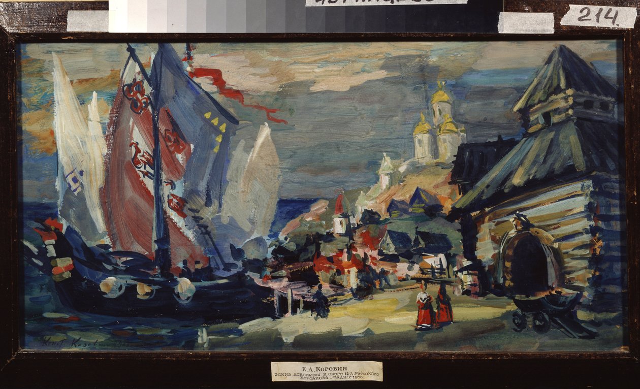 Designový projekt pro operu Sadko Nicolase (Nikolaje) Rimského Korsakova (Rimsky-Korsakov) (1844-1908) (Scénický návrh pro operu Sadko N. Rimského-Korsakova (Rimsky Korsakov). Vysoká loď na nábřeží města s dřevostavbami. od Konstantin Alekseevich Korovin