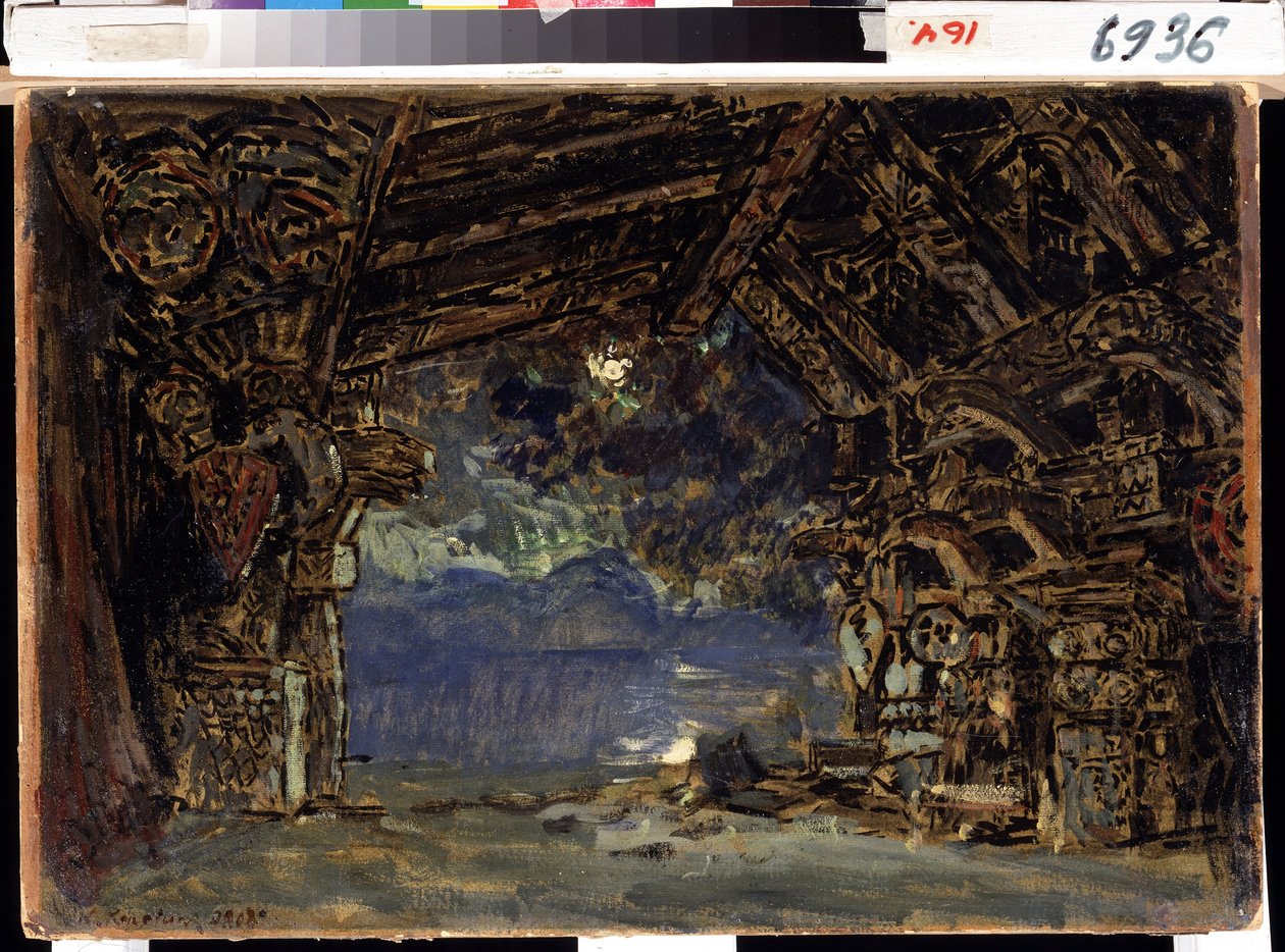 Scénografie k opeře Soumrak bohů od Richarda Wagnera. (Scéna k opeře Soumrak bohů R. Wagnera). Dílo Konstantina Alexejeviče Korovina (Constantin Korovin) (1861-1939), tempera na kartonu od Konstantin Alekseevich Korovin