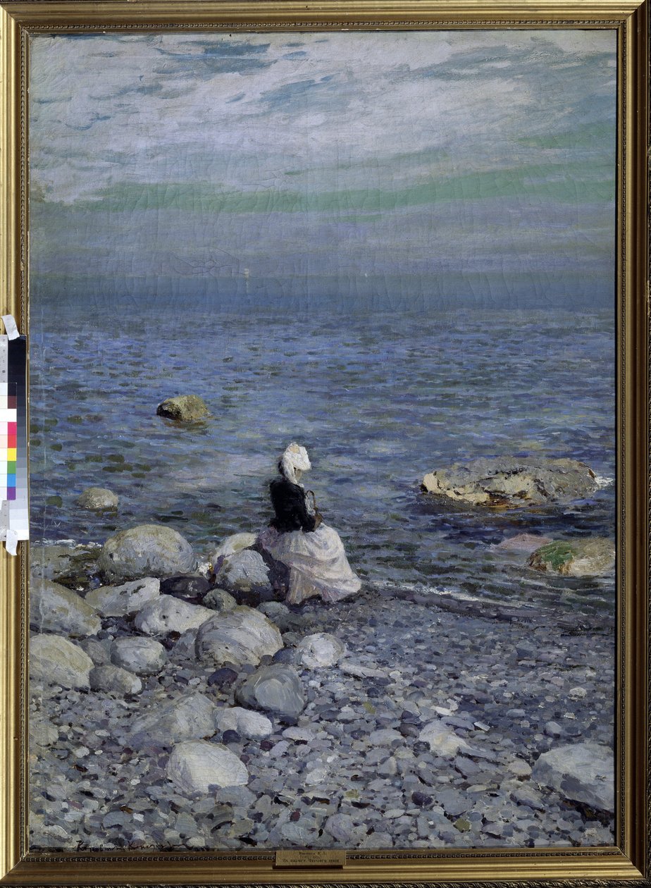 Na břehu Černého moře (Na pobřeží Černého moře). Osamělá, elegantní žena, sedící na skalách pláže, dívá se na horizont nad mořem.Obraz Konstantina Alexejeviče Korovina (Constantin Korovin) (1861-1939), olej na plátně, kolem roku 1890. od Konstantin Alekseevich Korovin