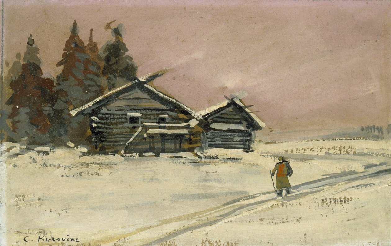 Zimní krajina se dvěma dřevěnými chatami (kolorováno olejem na desce, paspartováno jako kresba) od Konstantin Alekseevich Korovin
