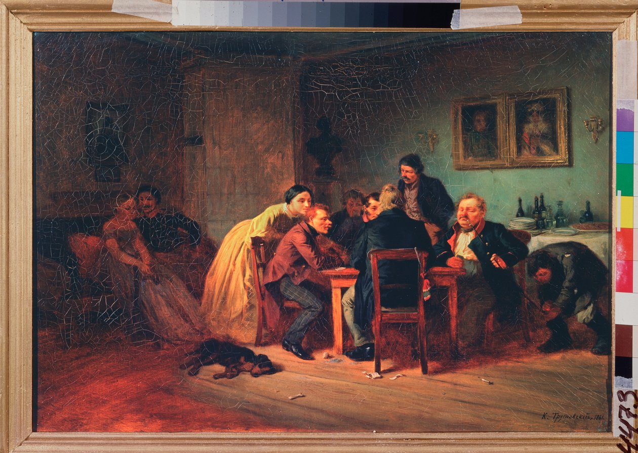 Karetní hra - Pozdní večer v buržoazním interiéru - Obraz Konstantina Alexandroviče Trutovského (Troutovský) (1826-1893), olej na plátně od Konstantin Alexandrovich Trutovsky