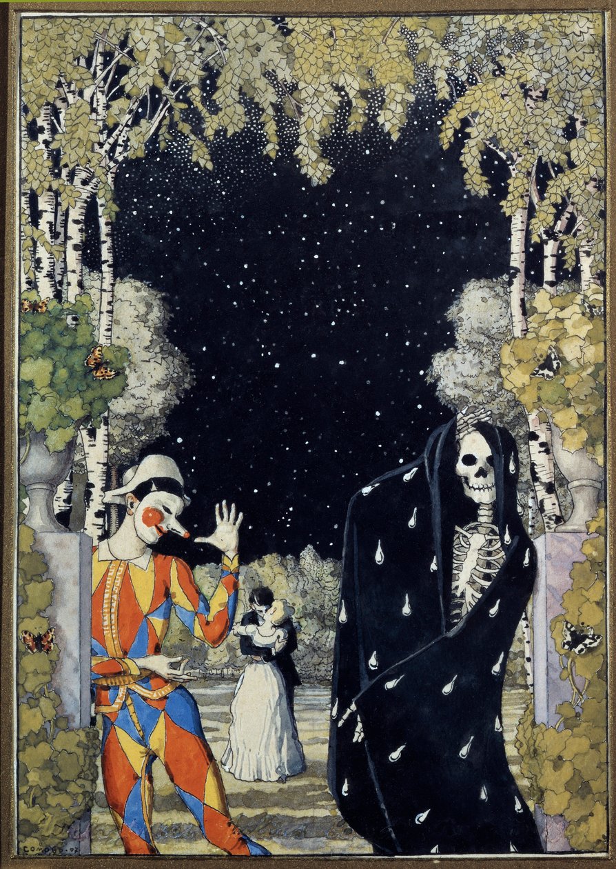 Harlekýn a smrt (Harlekýn a smrt) - dílo Konstantina Andrejeviče Somova (1869-1939), akvarel a kvaš na papíře od Konstantin Andreevic Somov