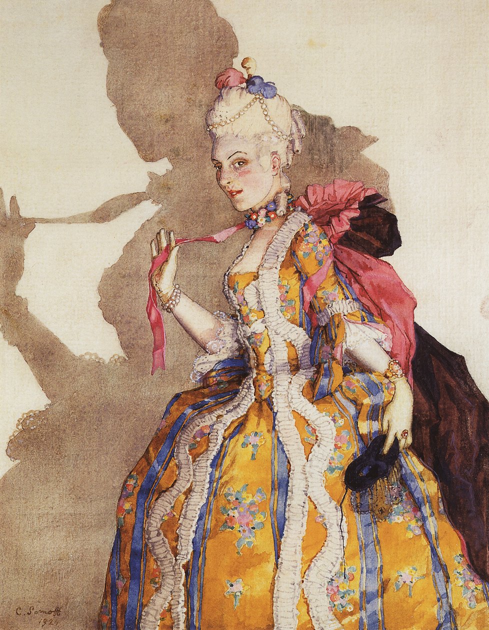 Kostým pro markýzu, interprete par Tamara Karsavina (1885-1978) - Kostýmní návrh pro Tamaru Karsavina jako markýzu. Hudba Mozart - Konstantin Andrejevič Somov (1869-1939). Akvarel, kvaš na papíře od Konstantin Andreevic Somov