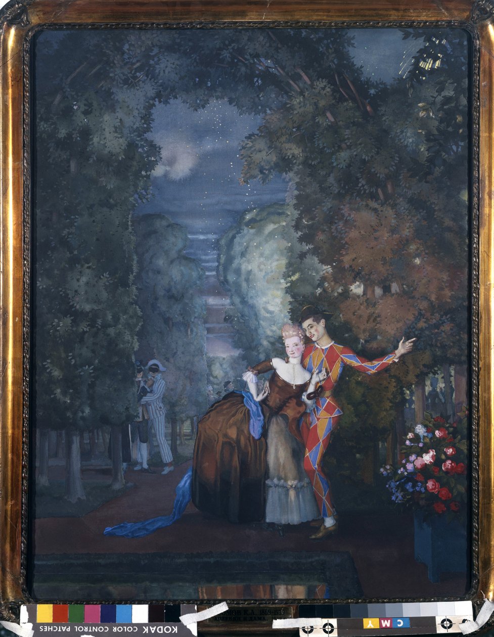Harlekýn a dáma, 1912 (wc a kvaš na kartonu) od Konstantin Andreevic Somov