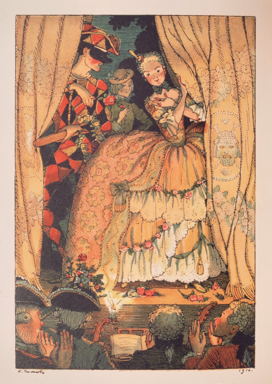 Ilustrace pro "Le Livre de la Marquise"" od Franze Bleie (Ilustrace pro Knihu Markýzy od Franze Bleie) (markýza zvedá divadelní oponu s Harlekýnem po boku) - Dílo Konstantina (Constantina) Andrejeviče Somova ( 1869-19 od Konstantin Andreevic Somov