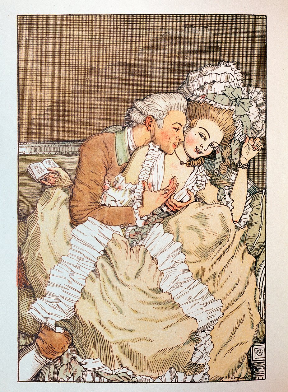 Ilustrace k "Le Livre de la Marquise"" od Franze Bleie (Ilustrace pro Knihu Markýzy od Franze Blei) (markýnka škádlící s netrpělivým milencem) - Dílo Konstantina (Constantina) Andrejeviče Somova (1869-1939), lept od Konstantin Andreevic Somov