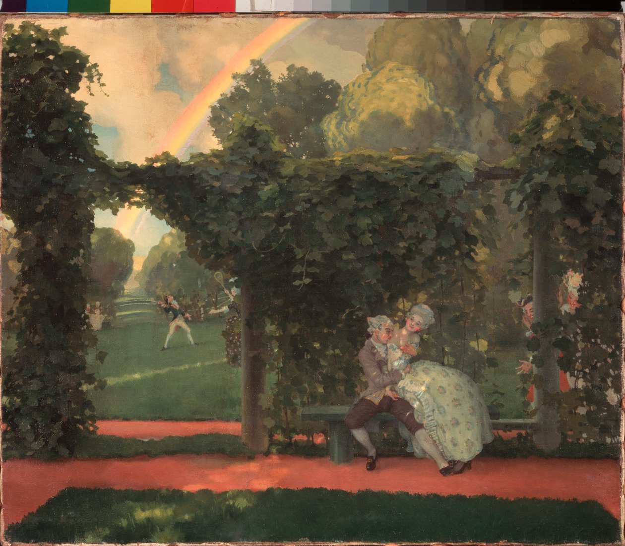 Polibek se vysmívá. Obraz Konstantina (Constantina) Andrejeviče Somova (1869-1939), olej na plátně od Konstantin Andreevic Somov