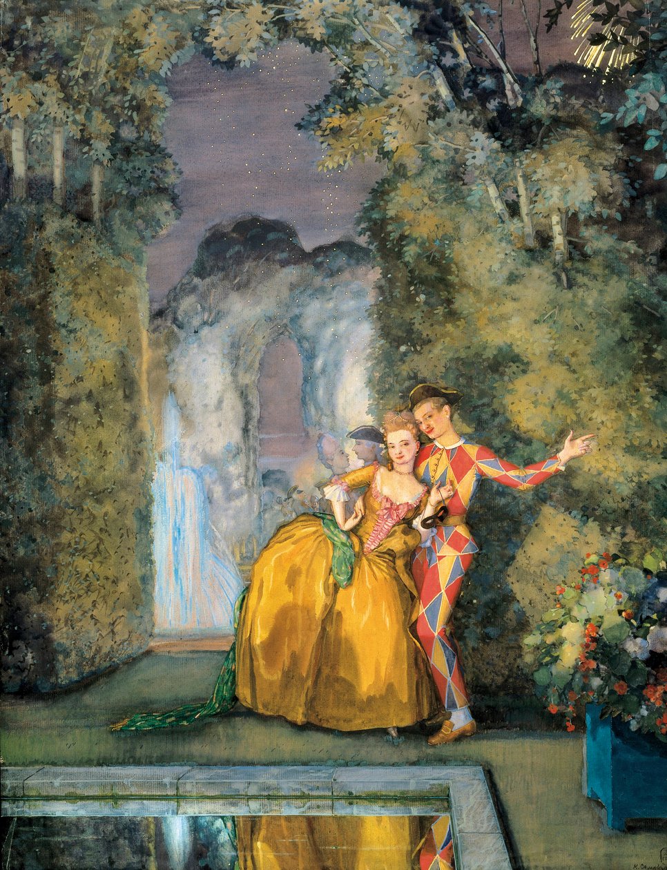 Pokojská s harlekýnem, c. 1900 (akvarel) od Konstantin Andreevic Somov