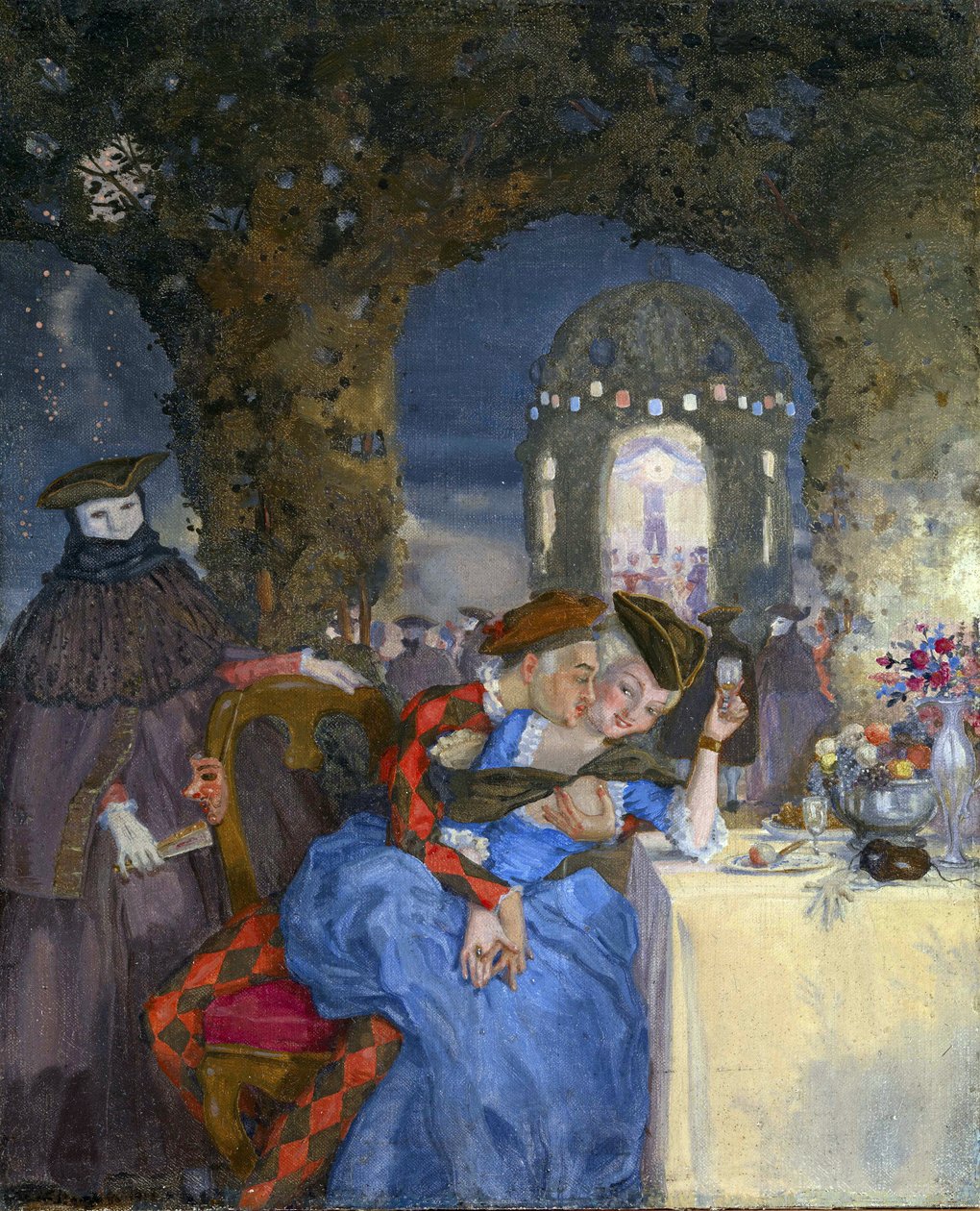 ""Rendez-vous"" Pár žertující na letní párty pod pohledem maskovaných postav Obraz Konstantina Somova (1869-1939) - cca 1918 - Olej na plátně Rozměr 27x22 cm Soukromá sbírka od Konstantin Andreevic Somov