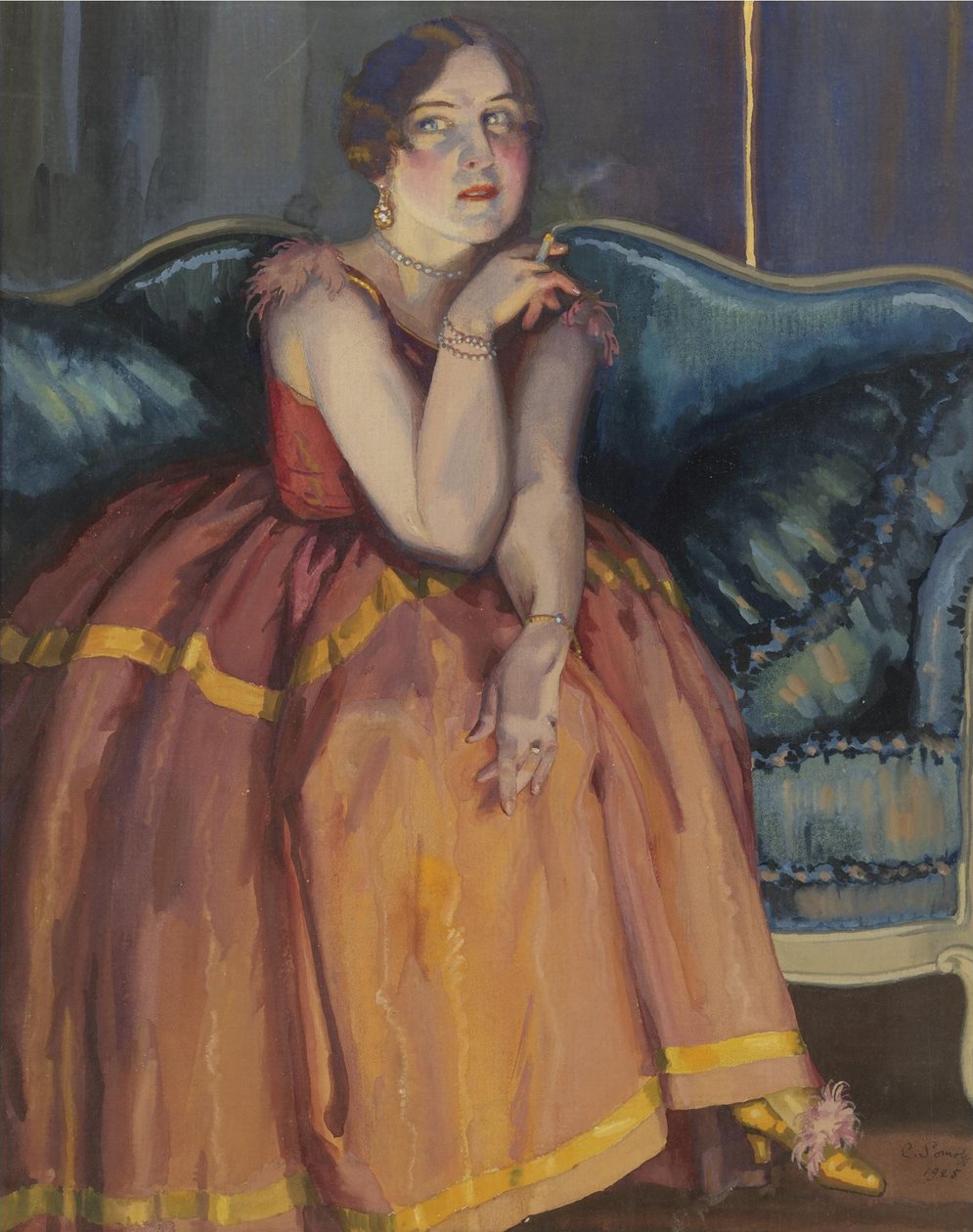 Žena kouří cigaretu na pohovce od Konstantin Andreevic Somov