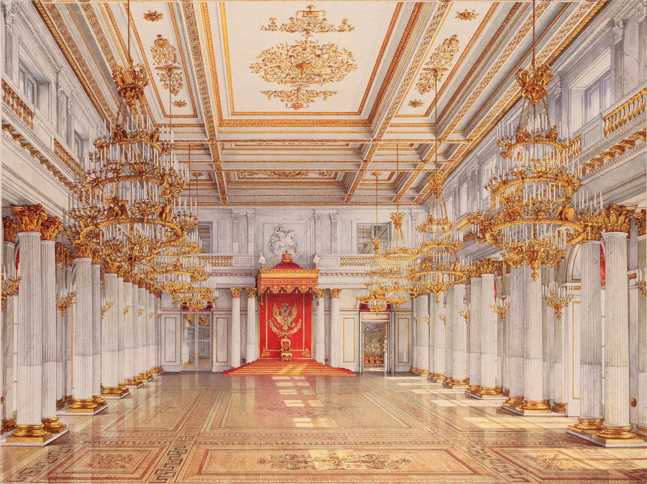 George Hall, Velký trůnní sál, Zimního paláce v Petrohradě - dílo Konstantina Andrejeviče Ukhtomského (Constantin Oukhtomsky) (1818-1881), akvarel na pa od Konstantin Andreyevich Ukhtomsky