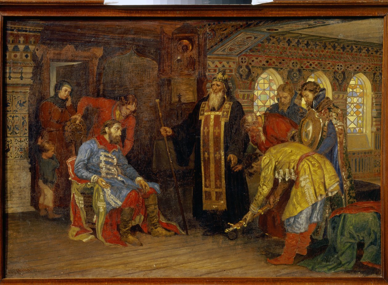 Pozvání knížete Dmitrije Požarského (1577-1642), aby velel armádám za osvobození Moskvy. (Pozvání knížete Požarského k vládě nad armádami za osvobození Moskvy). Po obdržení požehnání Irenarcha z Rostova, princ od Konstantin Apollonovich Savitsky