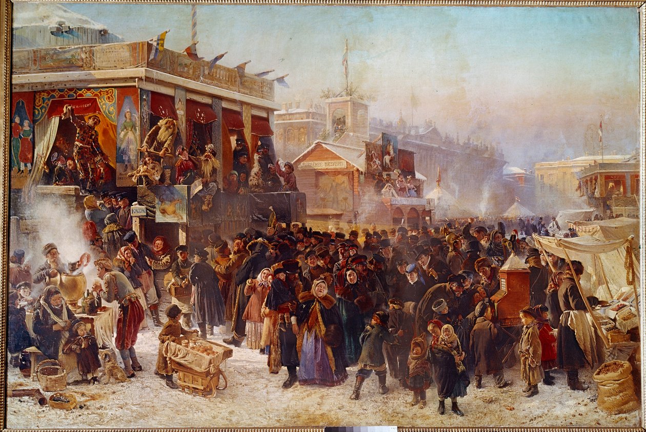 Balladins na náměstí Admiraut v St. Petersburg Street Theatre Show. Obraz Konstantina Makovského (Makovského) (1839-1915) (ek.rus.) 1869 Moskva, Treťjakovská galerie od Konstantin Egorovich Makovsky