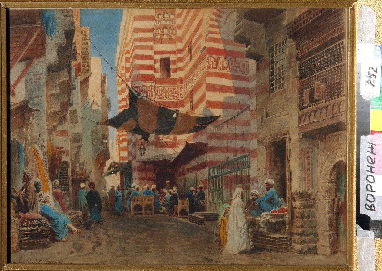 V ulicích Káhiry (Egypt). Umělecké dílo Konstantina Jegoroviče Makovského (Constantin Makovsky) (1839-1915), umělecké dílo na papíře od Konstantin Egorovich Makovsky