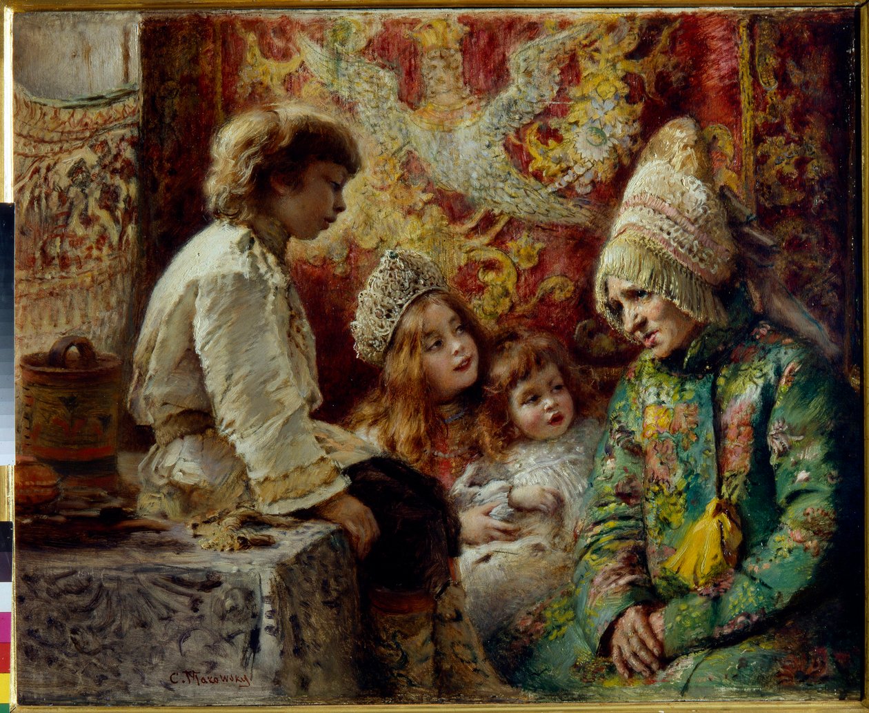 Babička s dětmi (Babiččina pohádka) - Makovskij, Konstantin Jegorovič (1839-1915) - 1882 - Olej na dřevě - Státní skanzen Pavlovský palác, Petrohrad od Konstantin Egorovich Makovsky