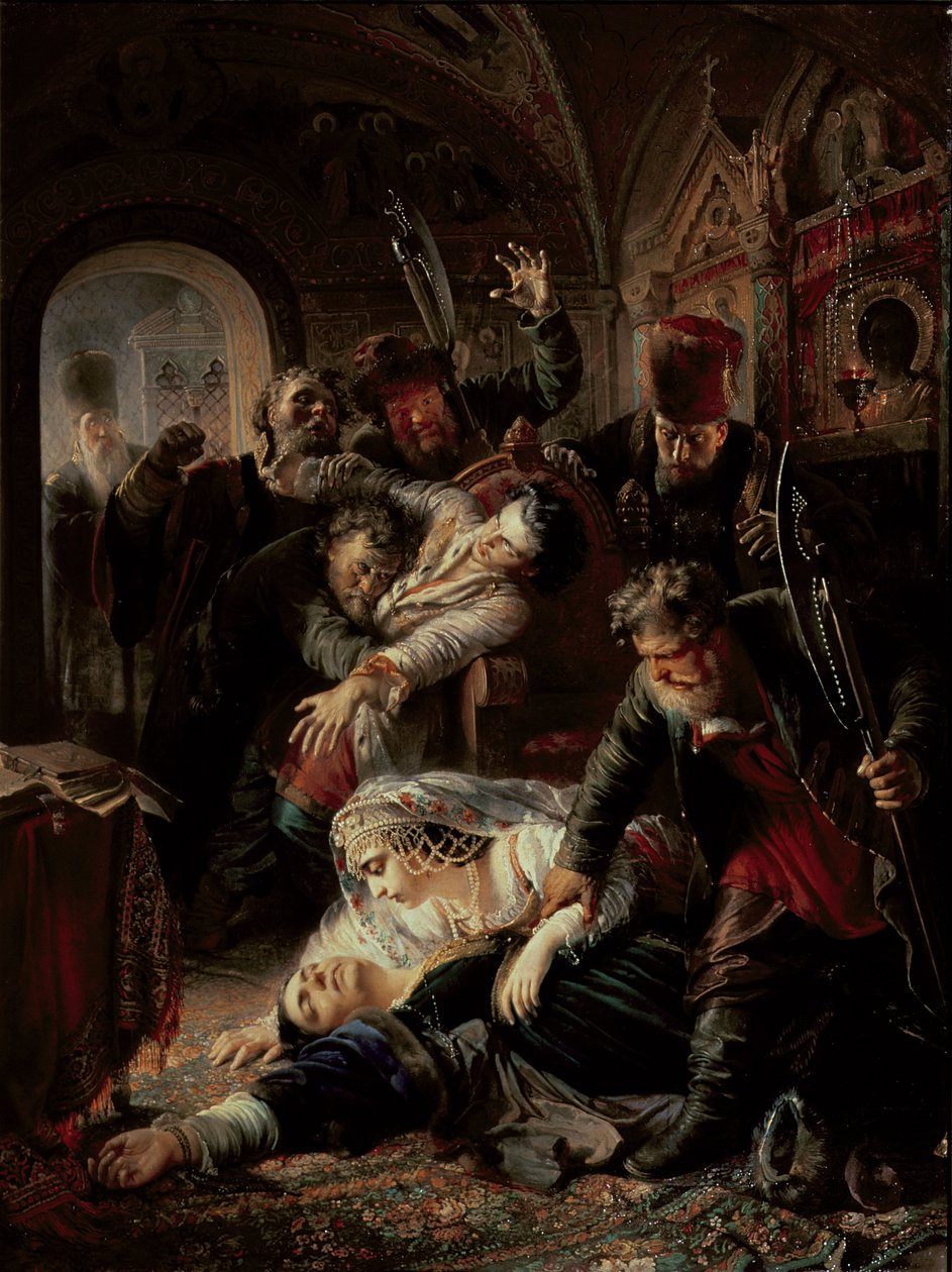 Nájemní vrazi zabíjející cara Borise Fjodoroviče Godunova syna od Konstantin Egorovich Makovsky