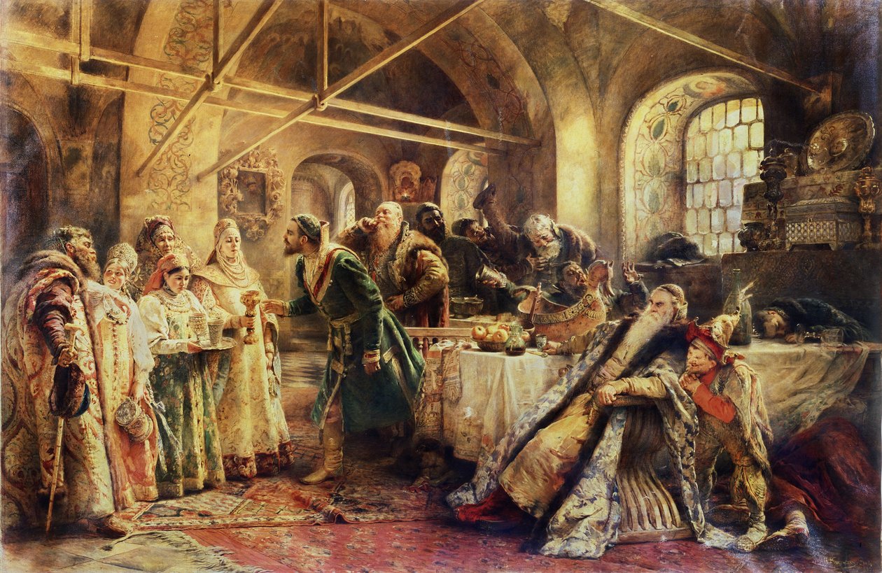Obřad polibku - V době domostroy si v moskevském velkovévodství vybírá bojar (boiard, boiar) svou budoucí manželku, kandidáti jsou oblečeni do sarafánových šatů a tradiční pokrývky hlavy, kokochnik - obraz od Konstantin Egorovich Makovsky