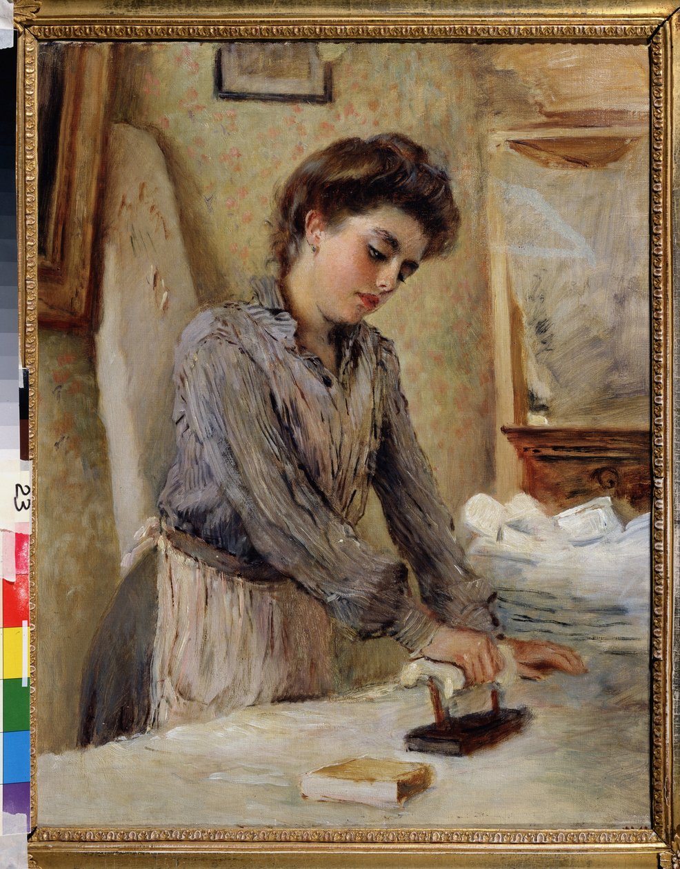 The ironer - Woman žehlení (Woman Ironing). Obraz Konstantina Jegoroviče Makovského (Constantin Makovsky) (1839-1915), olej na plátně, kolem roku 1900. Ruské umění konec 19.-začátek 20. století. Státní muzeum pod širým nebem, Rostov Kreml, Rostov (Rusko) od Konstantin Egorovich Makovsky