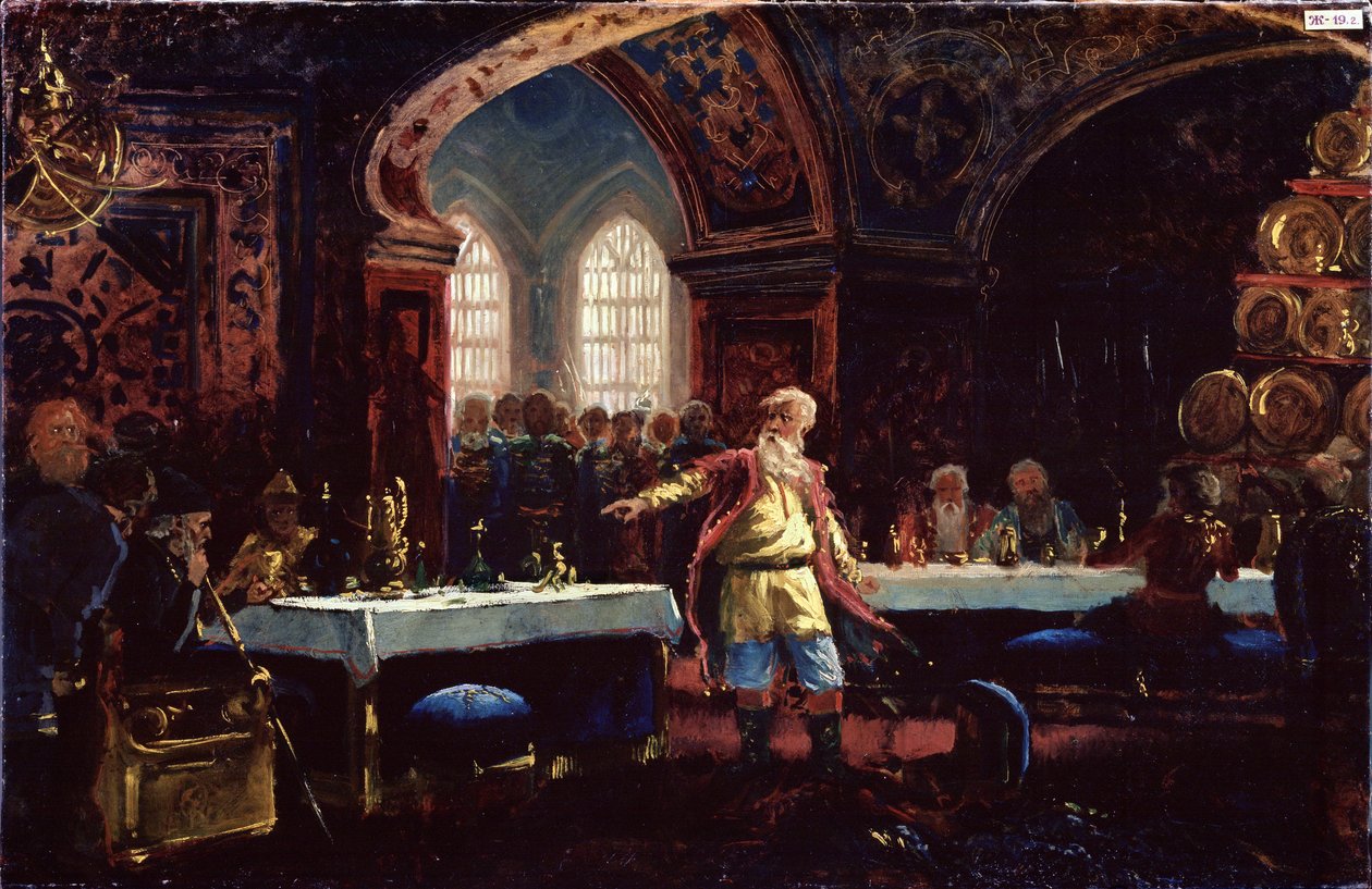 Hrabě Michael Repnin (?) na svátek Ivana Hrozného (1530-1584). (Hrabě Michail Repnin na Ivan Strašný svátek). Repnin, stojící uprostřed prostřených stolů, odsuzuje carovu politiku. Obraz Konstantina Jegoroviče Makovského (Constantin Mak od Konstantin Egorovich Makovsky