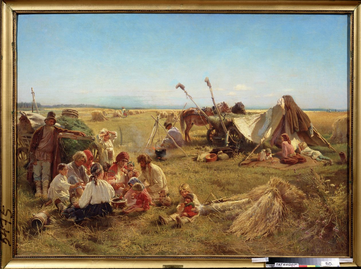 Jídla rolníků v období sklizně. (Selanské jídlo v době sklizně). Obraz Konstantina Jegoroviče Makovského (Constantin Makovsky) (1839-1915), olej na plátně od Konstantin Egorovich Makovsky