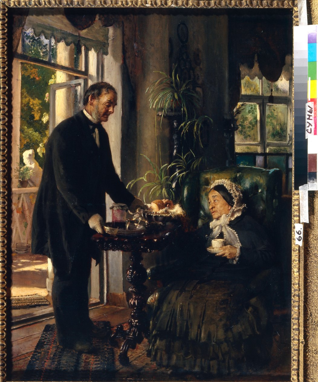 Chatelaine na zámku. (Stará dáma si vezme čaj, který jí podává sluha, který ji obdaruje chlebem a marmeládou). Obraz Konstantina Jegoroviče Makovského (Constantin Makovsky) (1839-1915), olej na plátně od Konstantin Egorovich Makovsky