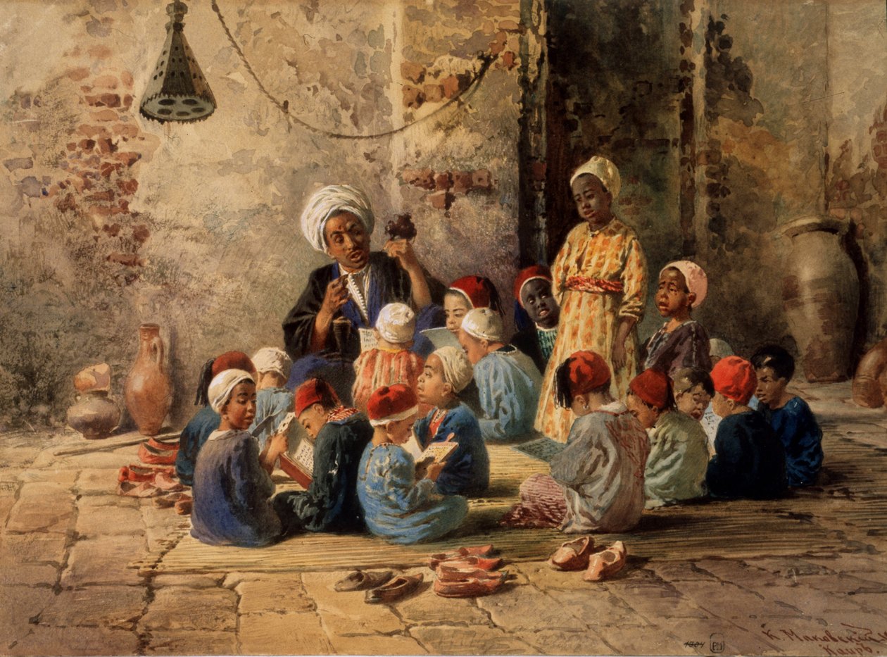 Škola v Káhiře (Egypt). (Škola v Káhiře). Učitel se ptá chlapců ve třídě, která je uspořádána na podložce na podlaze. Chlapec stojí mezi ostatními, sedí a čte si jejich učebnici, podložka je obklopena botami od Konstantin Egorovich Makovsky