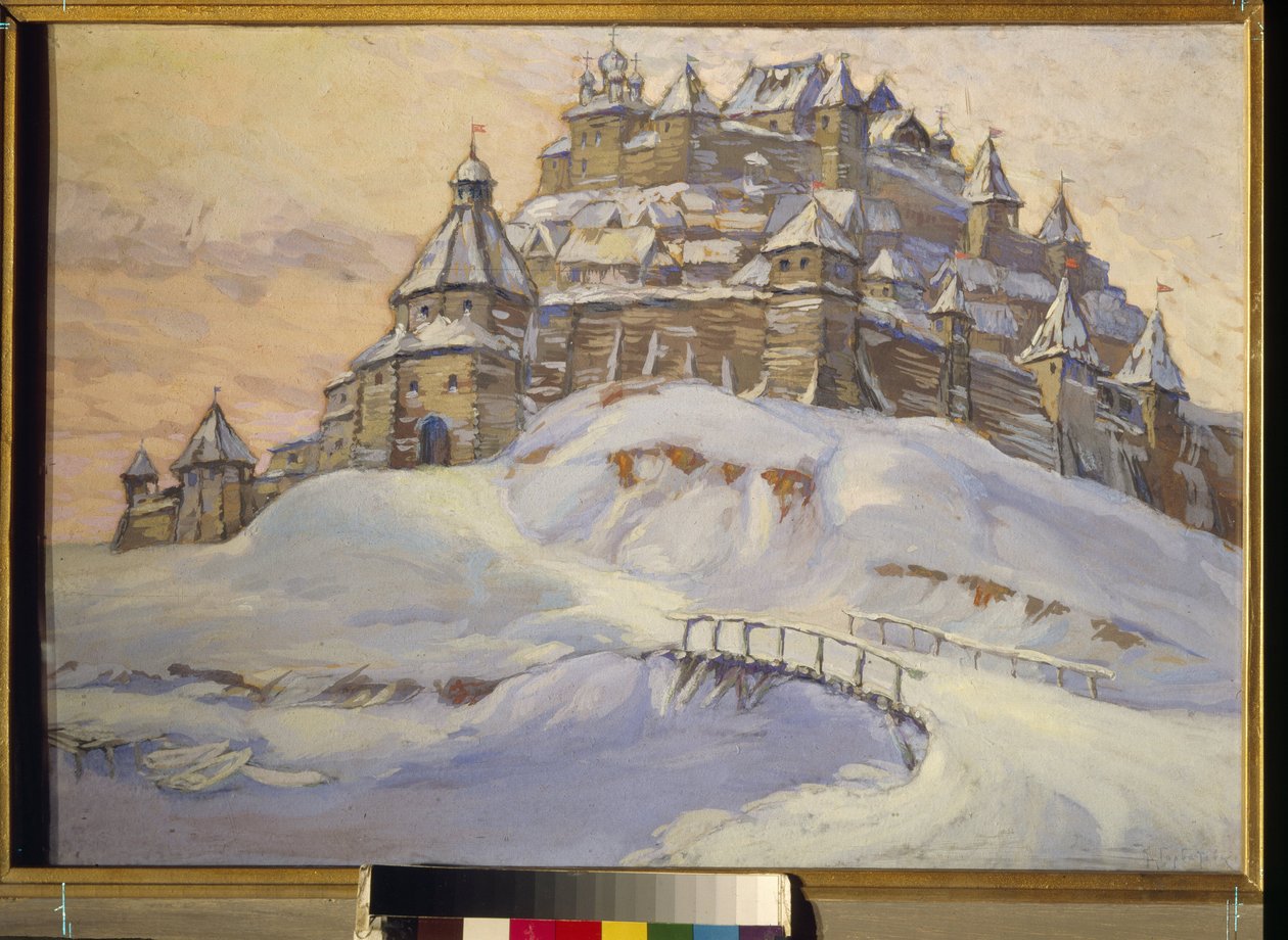 Stará ruská pevnost. (Dřevěné opevněné město, pod sněhem na Ukrajině ve středověku). Dílo Konstantina (Constantina) Ivanoviče Gorbatova (1876-1945), tempera na dřevě, počátek 20. století. Soukromá sbírka. od Konstantin Ivanovich Gorbatov