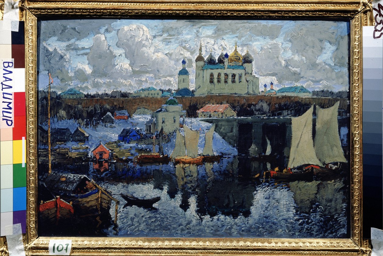 Most v Novgorodu (Rusko) (Novgorod, molo). Obraz Konstantina (Constantina) Ivanoviče Gorbatova (1876-1945), olej na plátně od Konstantin Ivanovich Gorbatov