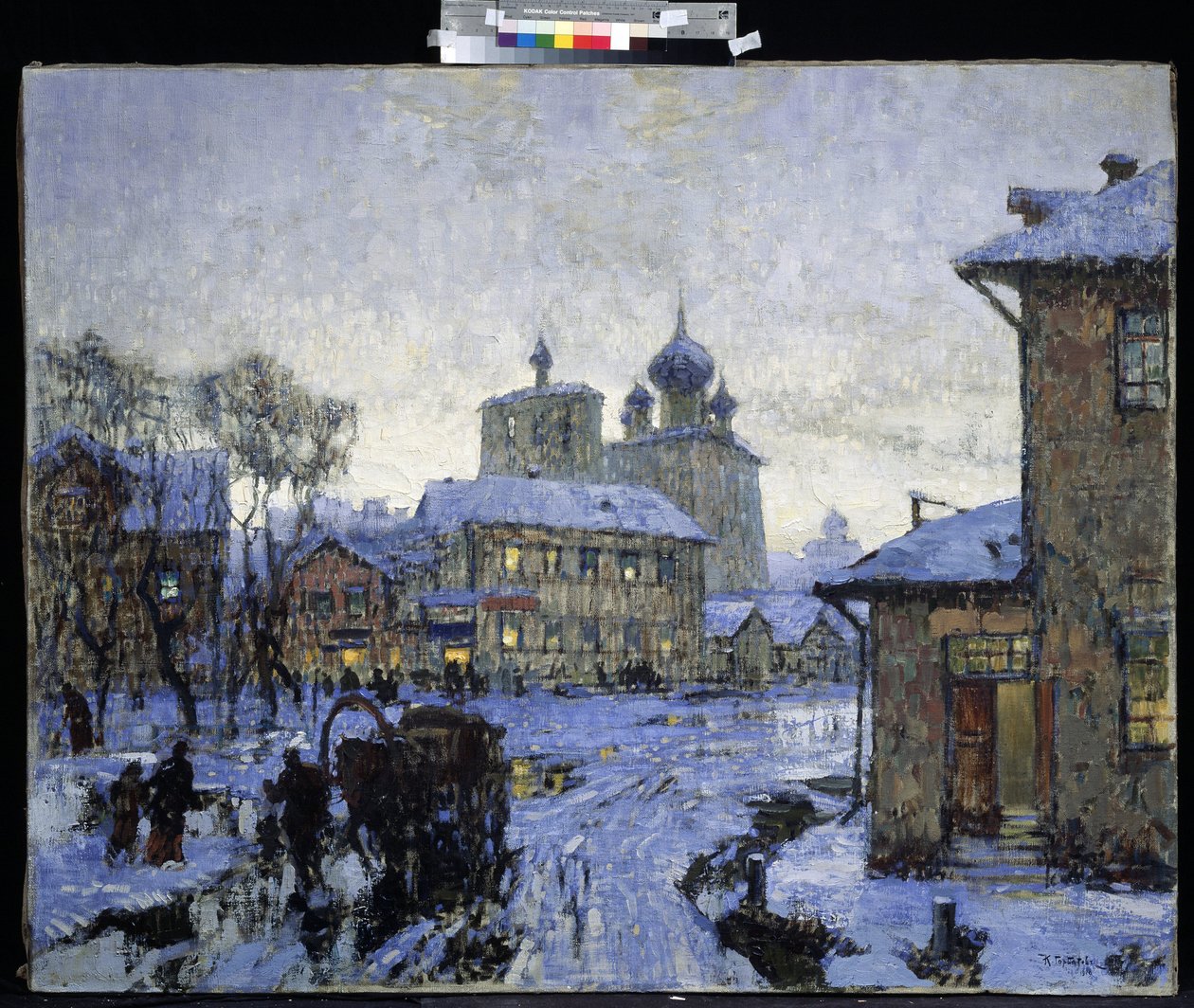 ""Tání"" Krajina ruské vesnice na konci zimy. Obraz Konstantina (Constantina) Gorbatova (1876-1945) 1910 Muzeum umění M. Kroshitsky, Sevastopol od Konstantin Ivanovich Gorbatov