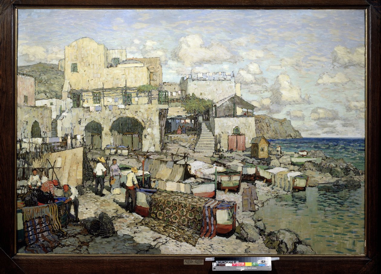 Pohled na ostrov Capri (Itálie). (Výhled na ostrov Capri). Obraz Konstantina (Constantina) Ivanoviče Gorbatova (1876-1945), olej na plátně. Ruské umění 20. století, realismus. Regionální muzeum umění W. Wereshchagina, Mykolajiv (nebo Nikolajev, Ukrajina) od Konstantin Ivanovich Gorbatov