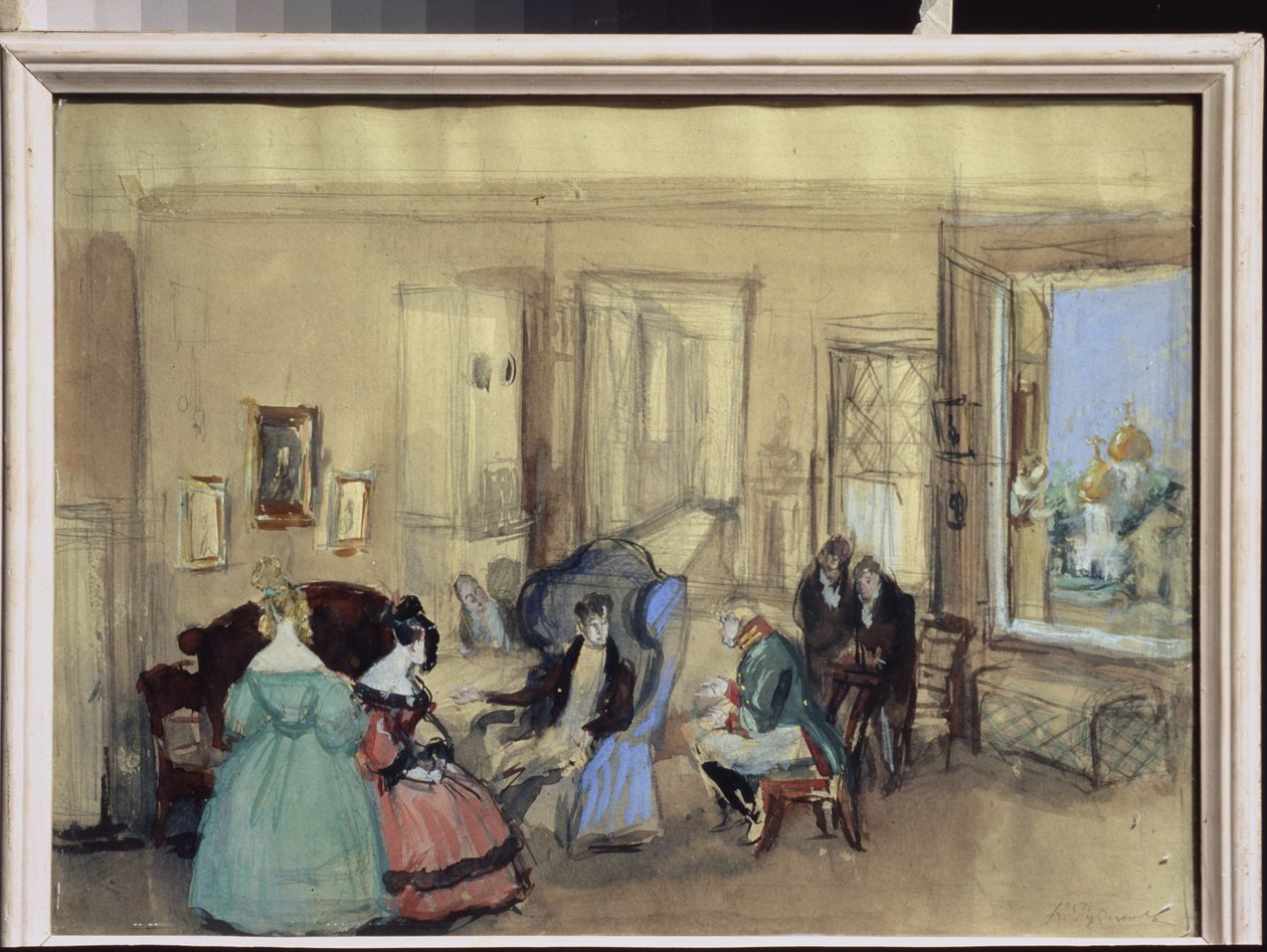 Scéna z divadelní hry "Revizor" od Nicolase Gogola (1809-1852) (Scéna z divadelní hry Revizor od N. Gogola) - Dílo Konstantina Ivanoviče Rudakova (Constantin Roudakov) (1891-1949) , akvarel a kvaš na papíře - výtvarná scénografie od Konstantin Ivanovich Rudakov