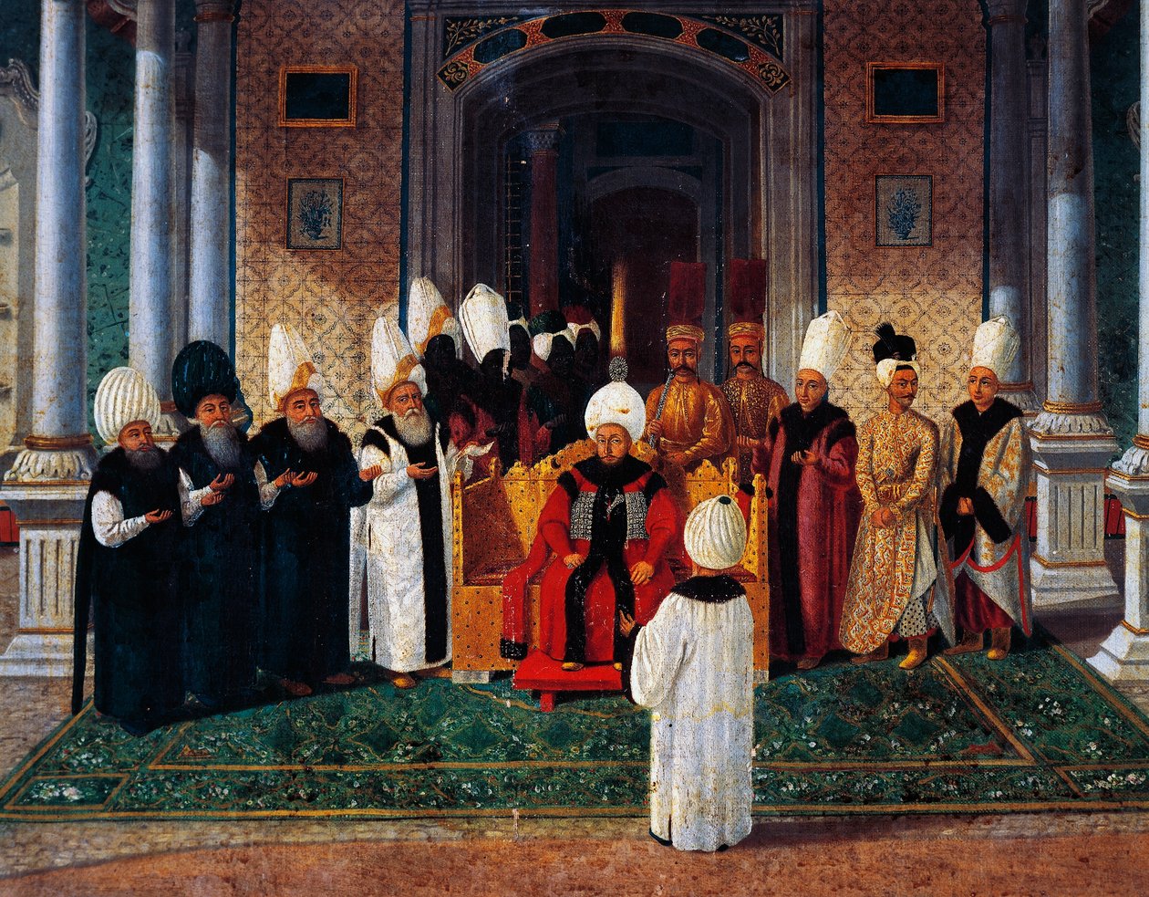 Selim III (1761-1808) přijímá hodnostáře pod baldachýnem Brány štěstí v Topkapi, detail z obřadu nástupu sultána Sulejmana III na trůn, asi 1789 (olej na plátně) od Konstantin Kapidagli