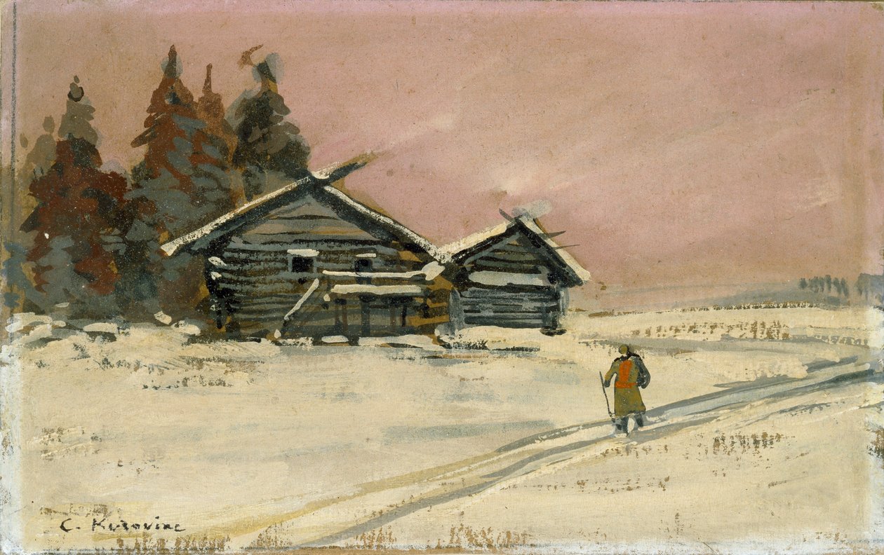 Zimní krajina se dvěma dřevěnými chatami, začátek 20. století od Konstantin Korovin