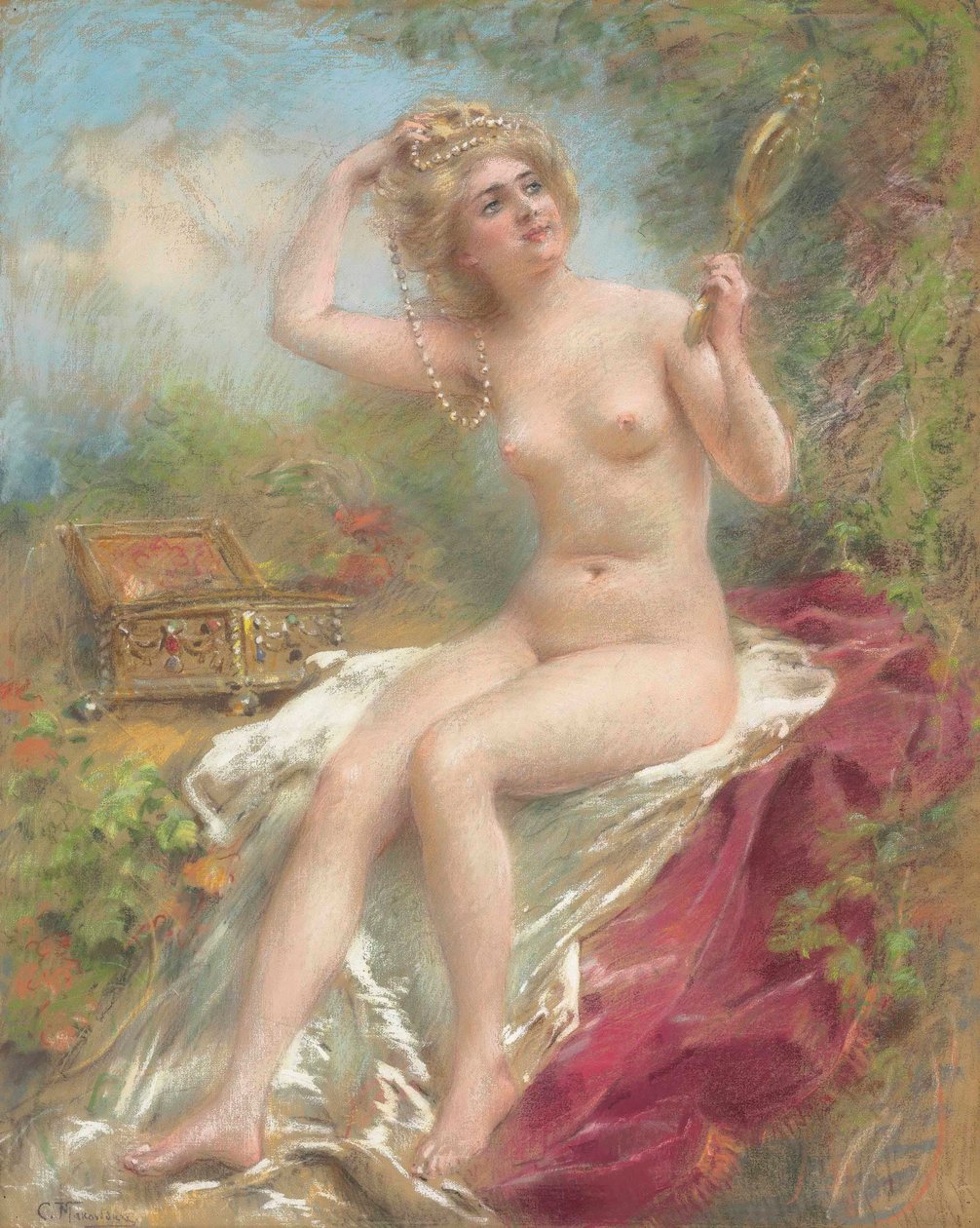 Sedící akt při pohledu do zrcadla od Konstantin Makovsky