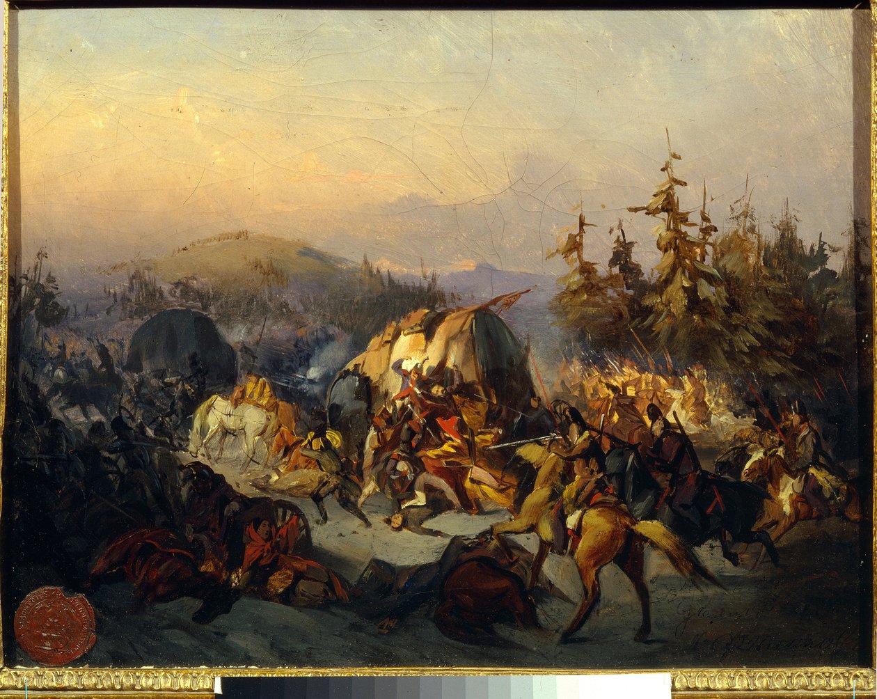 Ruští kozáci útočí na francouzské jednotky v tranzitu, epizoda bitvy u Moskvy (Borodino) v roce 1812 - Obraz Konstantina Nikolajeviče Filippova (1830-1878), olej na plátně, 30x38 cm - Ruští kozáci útočí na francouzské jednotky v tranzitu od Konstantin Nikolaevich Filippov